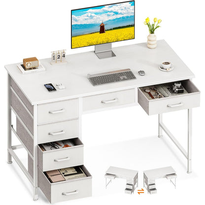 New 40" White Computer Desk with 6 Drawers, Reversible Design