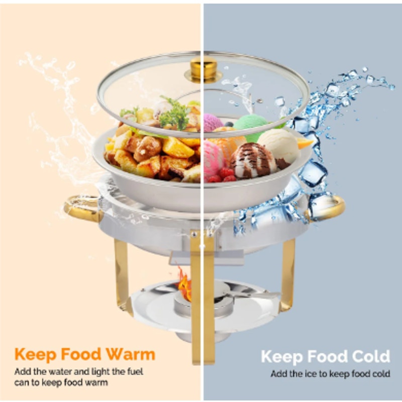 4-Pack 5 QT Round Chafing Dish Buffet Set (Gold Accent)- Brand New