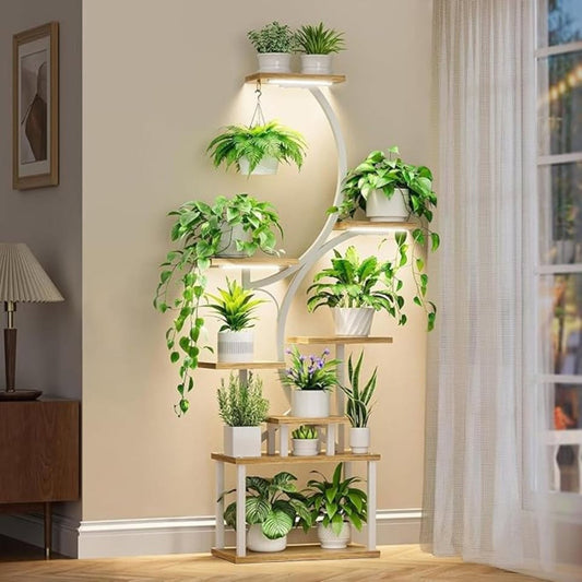 Multi-Tier Plant Stand – White Metal Frame with Brown Wood Square Shelves – Indoor/Outdoor