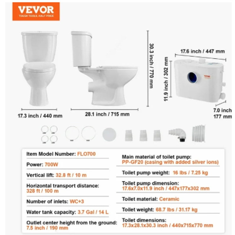 Complete Macerating Toilet – All-in-One Toilet with Tank, Seat & Built-In Pump