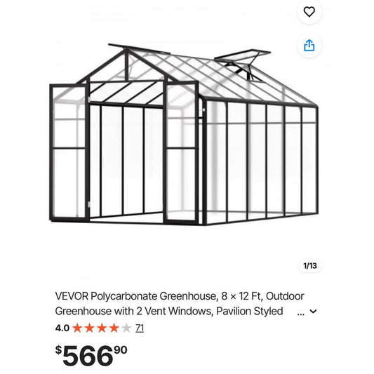VEVOR Polycarbonate Greenhouse, 8 x 12 Ft, Outdoor Greenhouse with 2 Vent Windows, Pavilion Styled