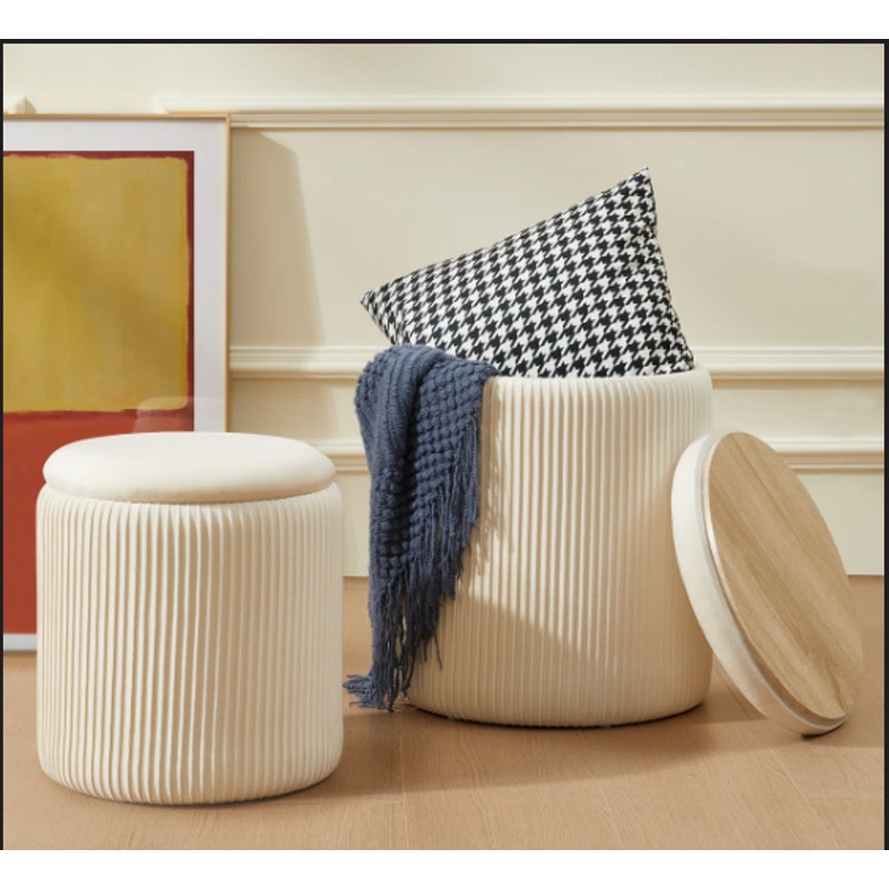 2-Pack White Upholstered Storage Ottomans with Removable Lids- NIB