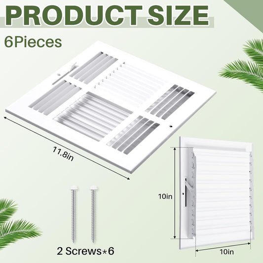 6-Pack 10×10 Air Vent Covers – 4-Way White Rust-Resistant Registers
