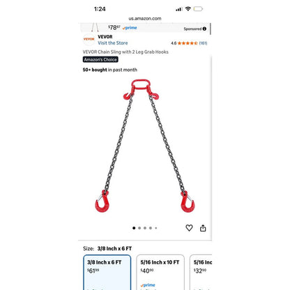 3/8" x 6' Double Leg G80 Chain Sling with Grab Hooks 11,000LB Capacity