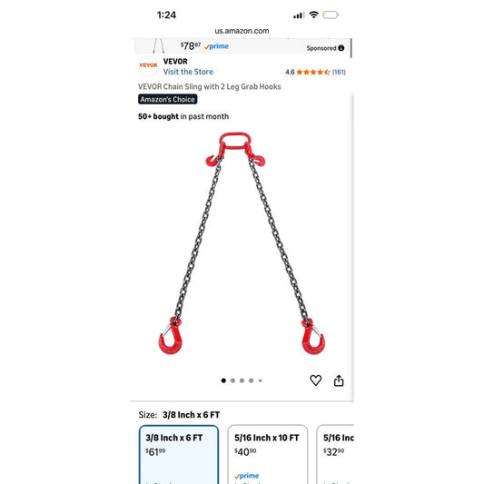 3/8" x 6' Double Leg G80 Chain Sling with Grab Hooks 11,000LB Capacity