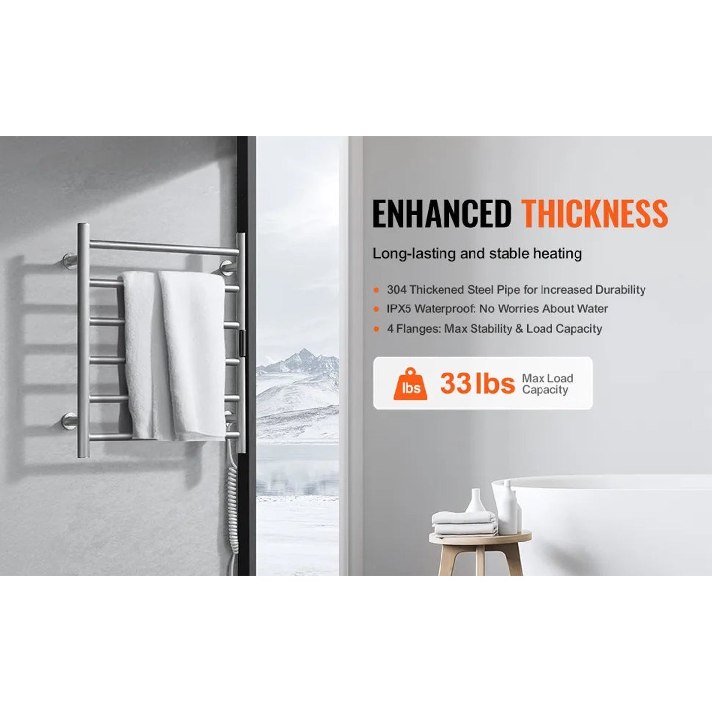 VEVOR 6-Bar Wall Mounted Heated Towel Rack for Bathroom, Silver Finish