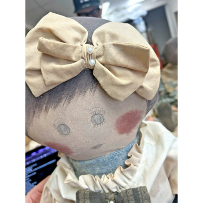 Vintage Handmade Primitive Folk Art Cloth Doll Pair – Boy & Girl – 30” – Signed