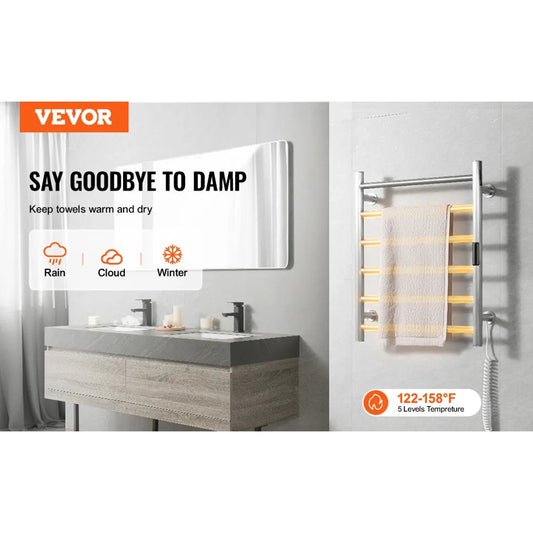 VEVOR 6-Bar Wall Mounted Heated Towel Rack for Bathroom, Silver Finish