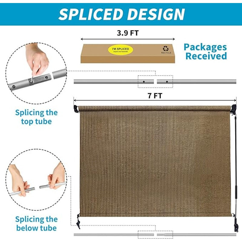 Outdoor Roller Shade 7x6 Walnut – Cordless Patio Roll-Up Shade- NIB
