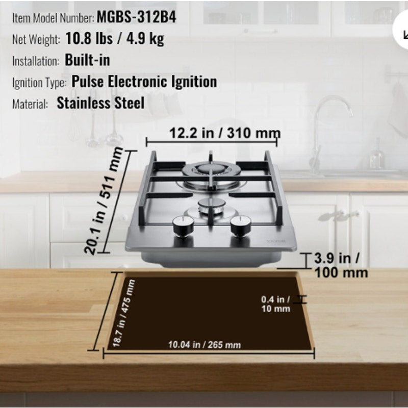 VEVOR 12" 2-Burner Gas Cooktop – 12,250 BTU, Stainless Steel, LPG/NG Convertible