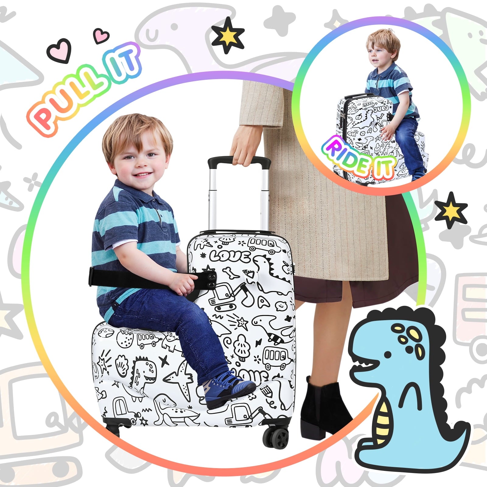 Advwin 20-inch Fun DIY Coloring Kids Ride-On Travel Suitcase with Spinner Wheels