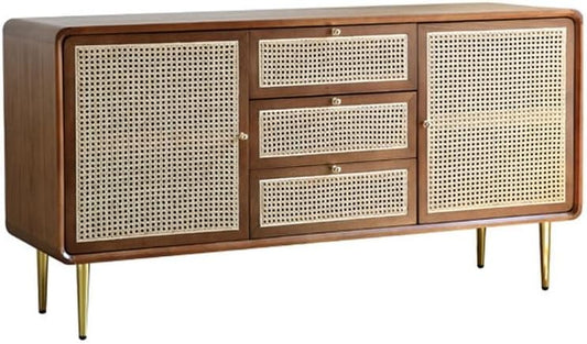 Rattan Storage Cabinet Sideboard Solid Wood Drawer Buffet