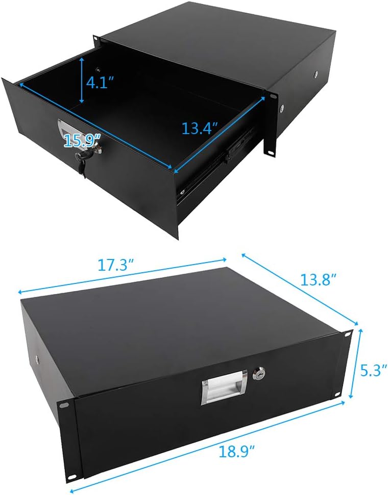 3U Rack Drawer Locking Drawer with Key Black