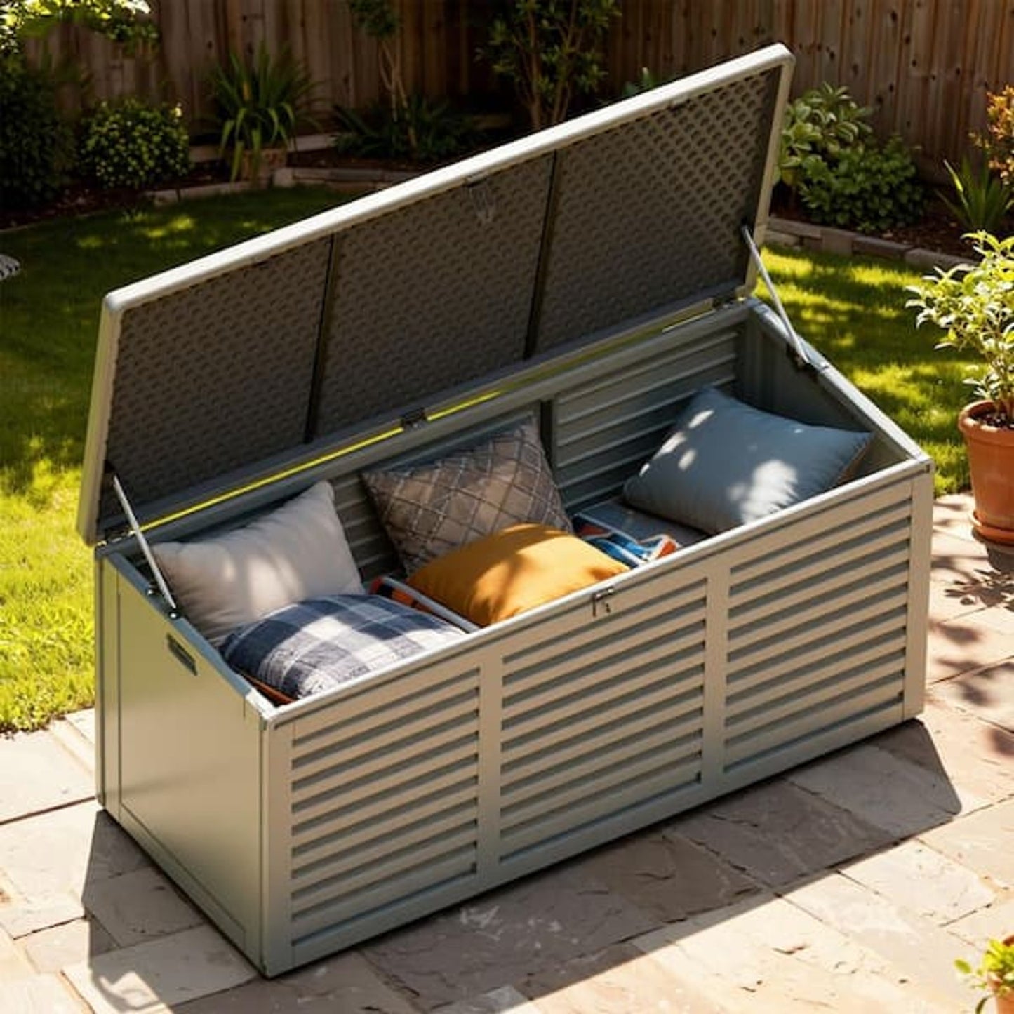 130-Gallon Outdoor Resin Deck Box with Hydraulic Lid and Steel Reinforcement