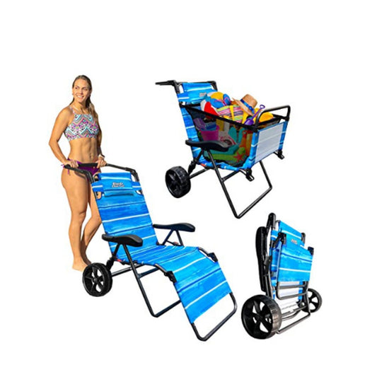 EasyGo 2-in-1 Beach Cart & Lounger Chair – Large Blue Stripes- New in box
