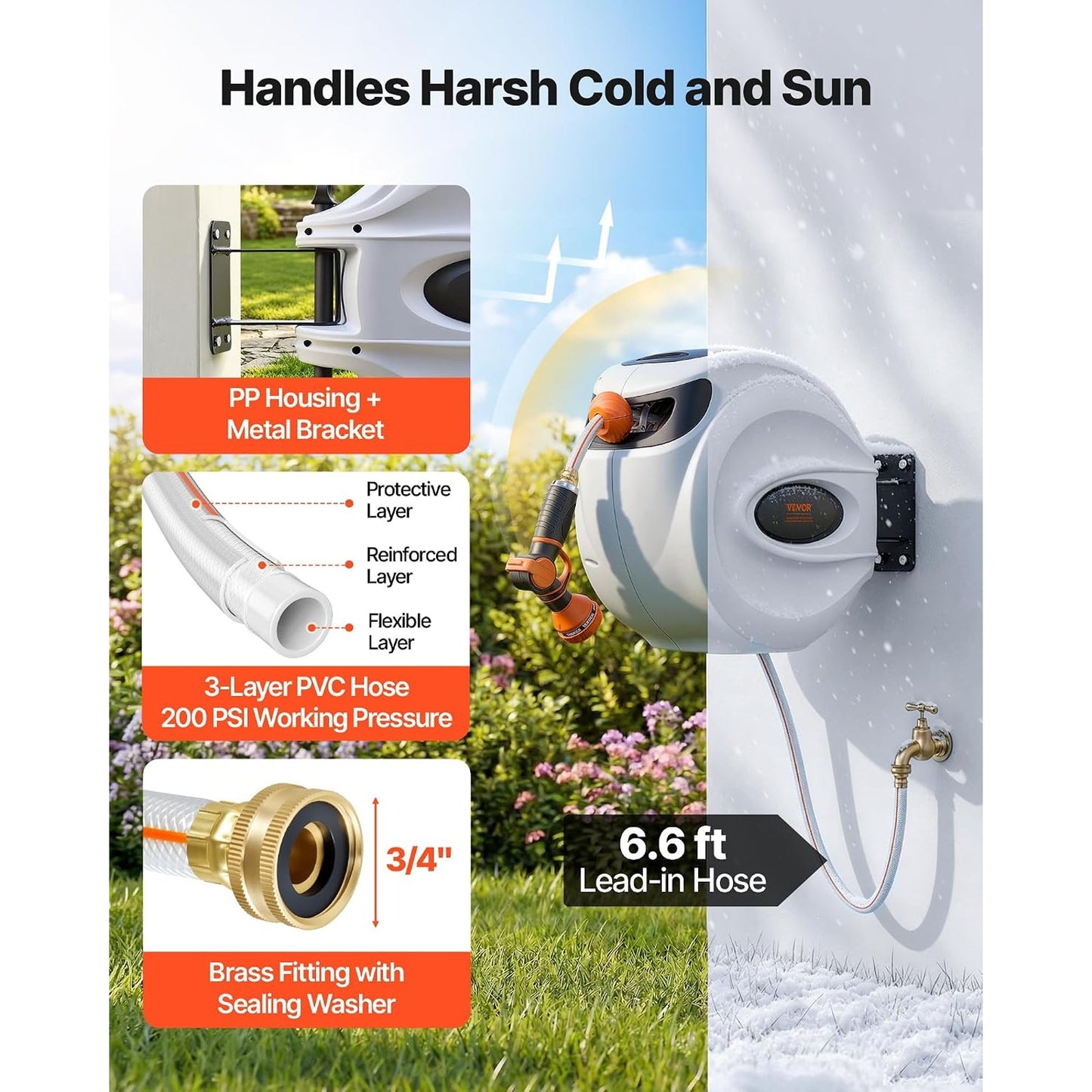 New VEVOR 100' Retractable Garden Hose Reel with 9-Pattern Nozzle