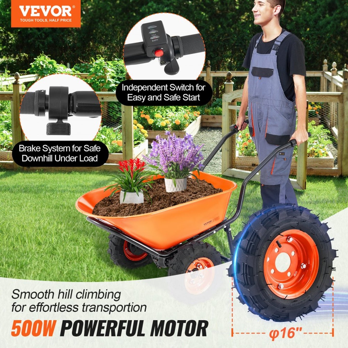 VEVOR 500W Electric 2-Wheel Dump Cart, 4.5 Cu. Ft. Capacity- Brand New