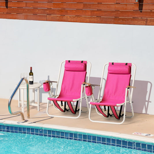 Set of 2 Pink Backpack Beach Chairs Folding 4 Position Reclining