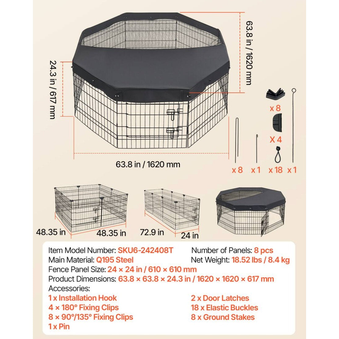 VEVOR 24″ Dog Playpen – 8 Panels with Top Cover, Black