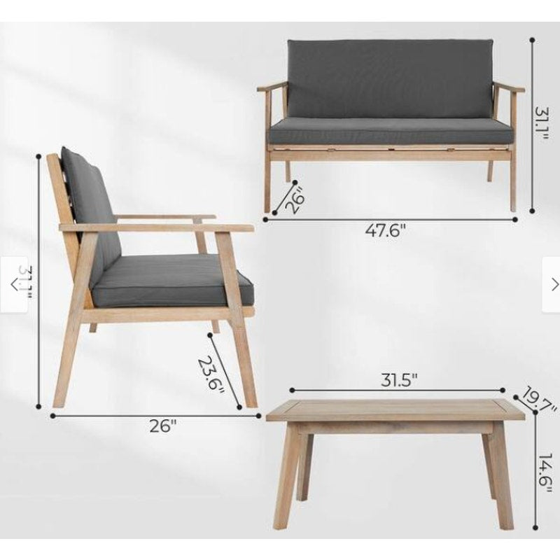 4-Piece Outdoor Wood Conversation Set: Loveseat, 2 Armchairs & End Table- New