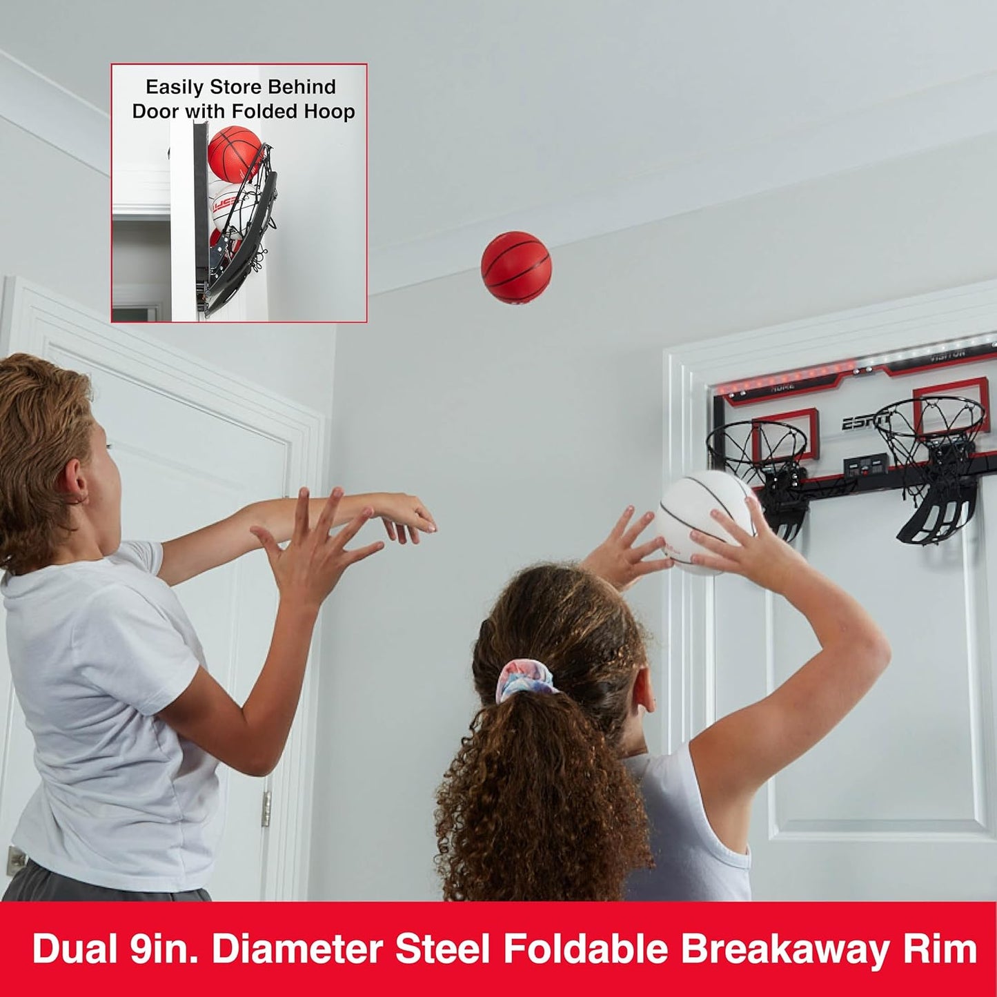 ESPN Over-the-Door Mini Basketball Hoop Set – 2 Rims, Ball Return, 4 Balls + Pump