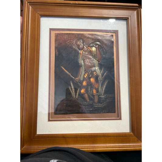 Signed Hand Hammered Copper Repoussé African Fisherman Framed Wall Art