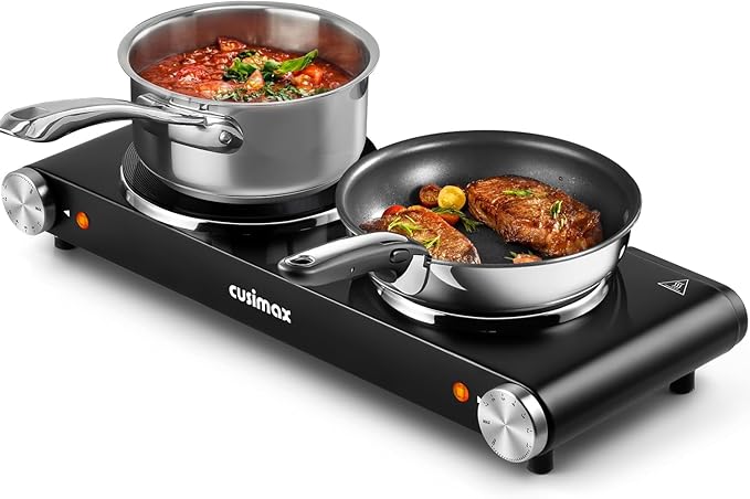 CUSIMAX 1800W Double Electric Countertop Burner, Portable Stainless Steel Hot Plate Cooktop