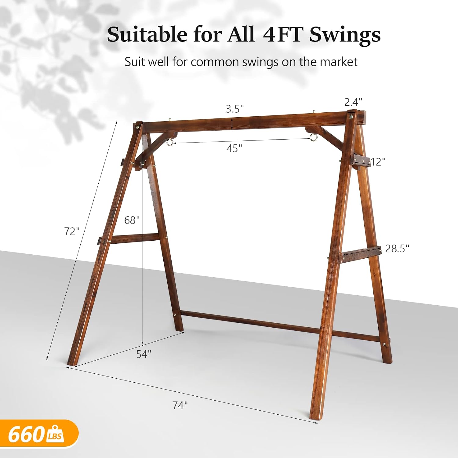 6.2FT Porch Swing Frame, 660 LBS Heavy Duty A-Frame Wooden Swing Stand with Bottom Connection Bar for 5FT Swing
