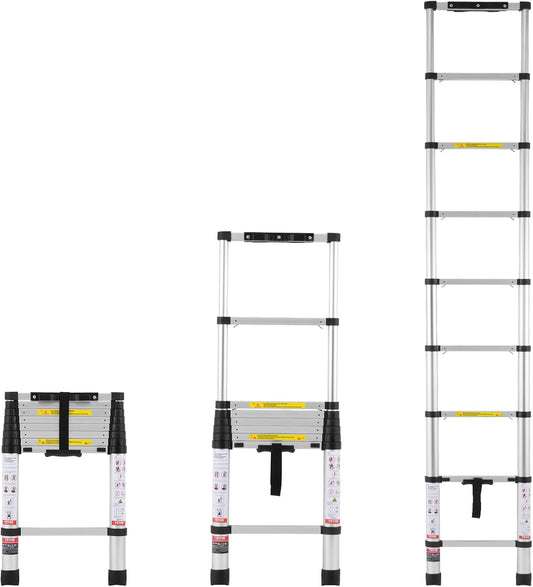 Telescoping Ladder 8.5FT Aluminum Lightweight Extension Ladder One-Button Retraction 375 LBS Capacity