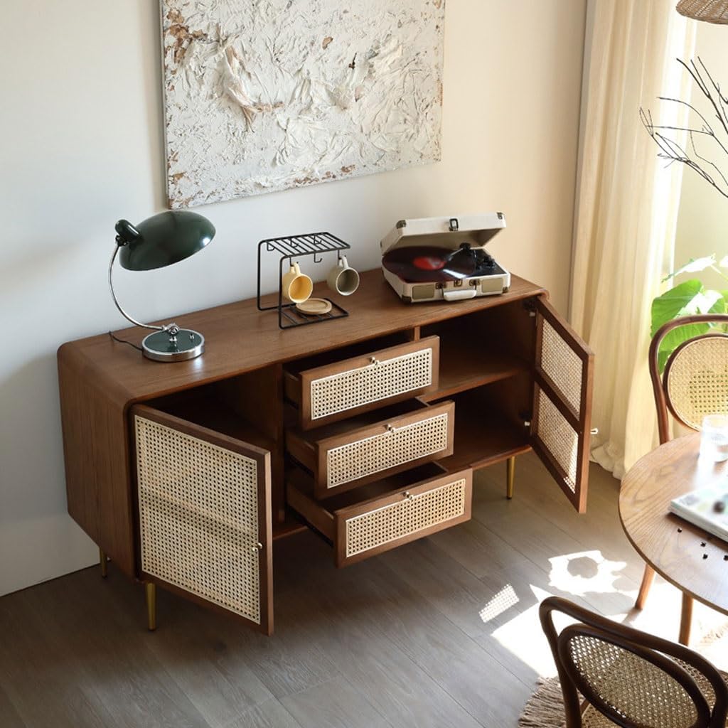 Rattan Storage Cabinet Sideboard Solid Wood Drawer Buffet