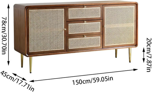 Rattan Storage Cabinet Sideboard Solid Wood Drawer Buffet
