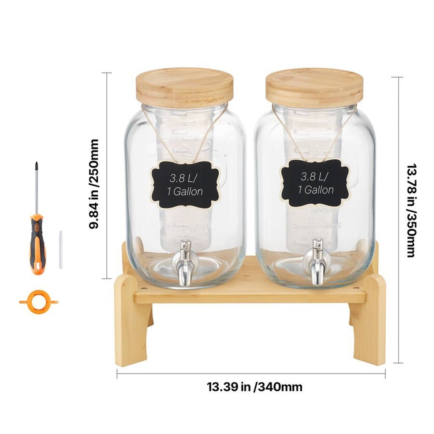 2 Pack 1 Gallon Glass Beverage Dispensers w/ Wooden Stand & Spigots