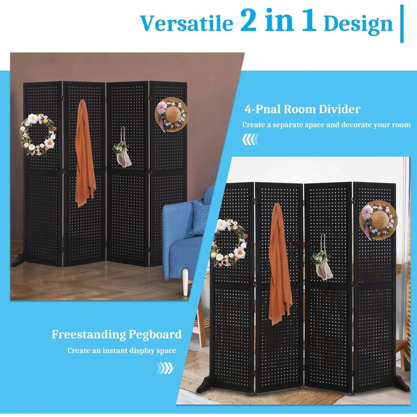 Foldable Wooden Pegboard Display with 4 Panels, Freestanding Craft Organizer