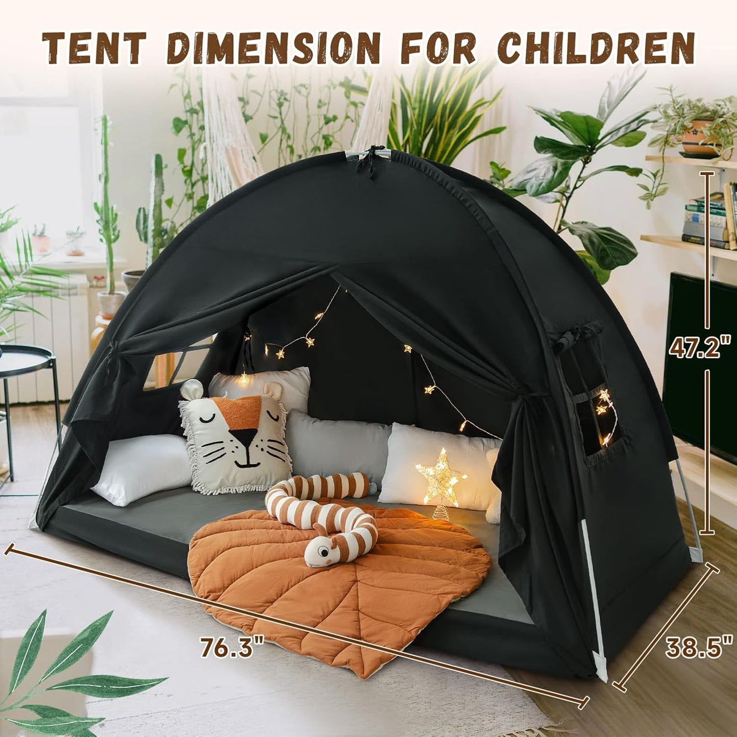 Twin Bed Tent Playhouse w/ Windows Doors Black Polycotton