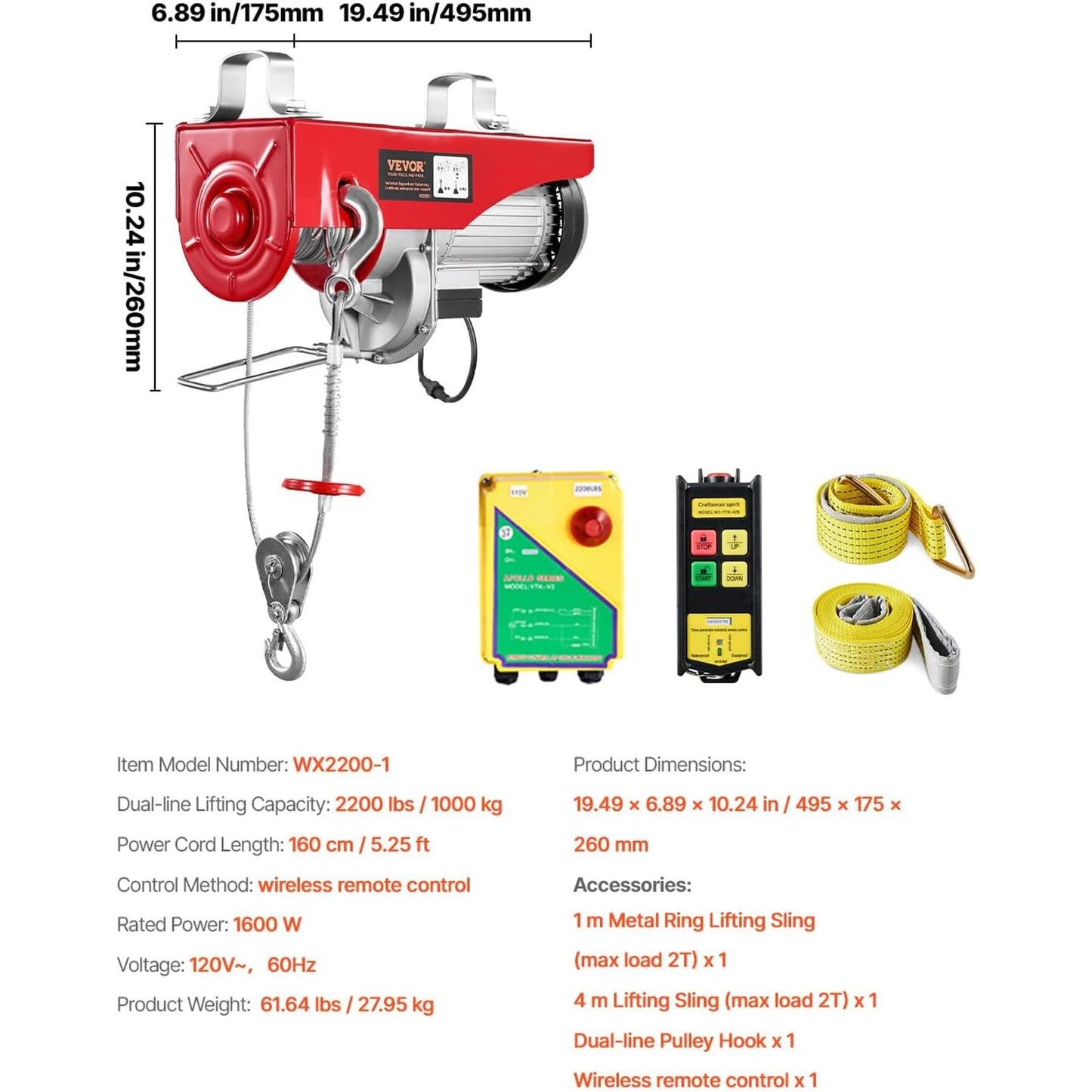 New 2200 lb Electric Hoist with Wireless Remote 110V