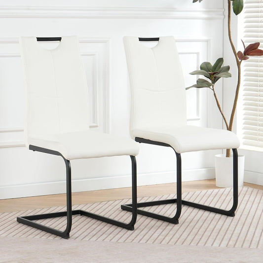 Modern White PU Upholstered Dining Chairs, Black Metal Legs, Set of 2