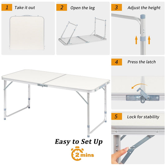 4FT Folding Table with Carry Handle, Waterproof Top (White)