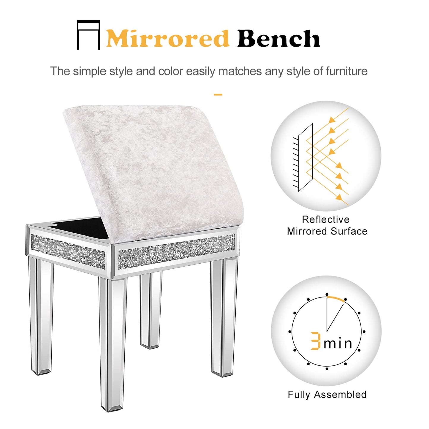 Elegant Mirrored Vanity Stool with Hidden Storage, Brand New