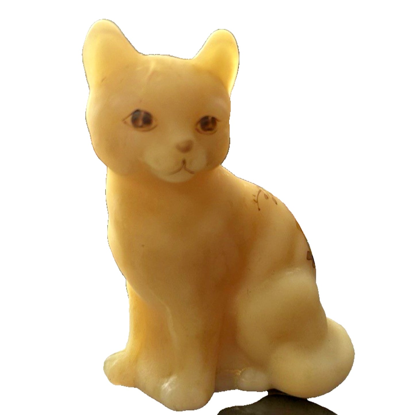 Fenton Art Glass Sitting Cat Roses on Custard Satin Hand Painted & Signed 4"