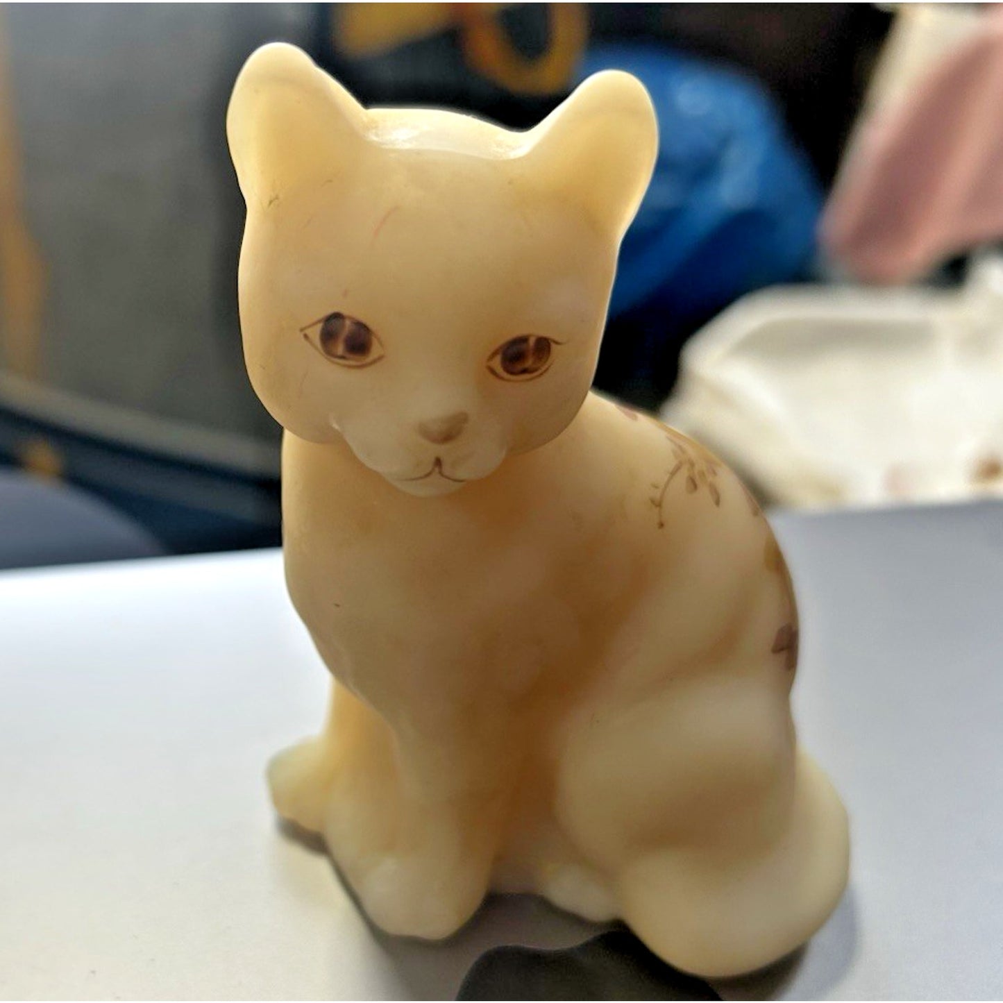 Fenton Art Glass Sitting Cat Roses on Custard Satin Hand Painted & Signed 4"