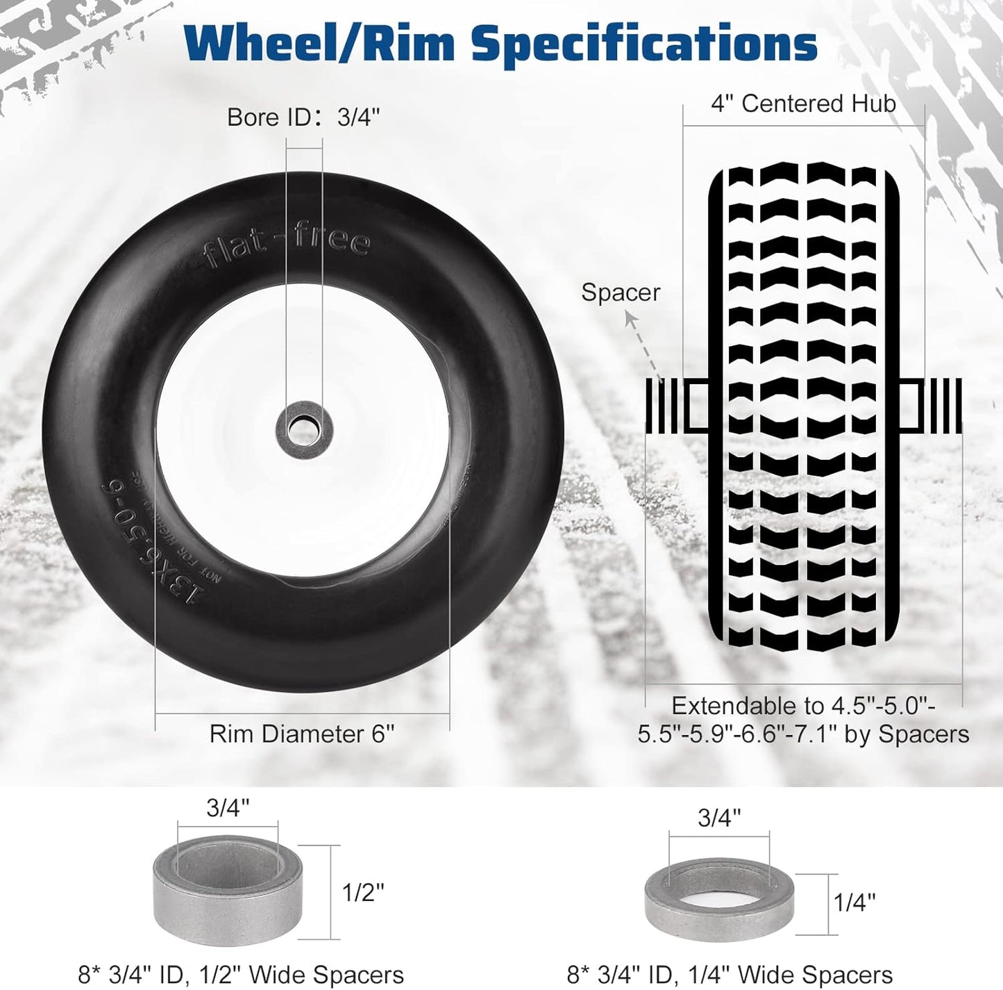 13x6.50-6 Flat-Free Heavy Duty Mower Tires with Steel Rims (Set of 2)