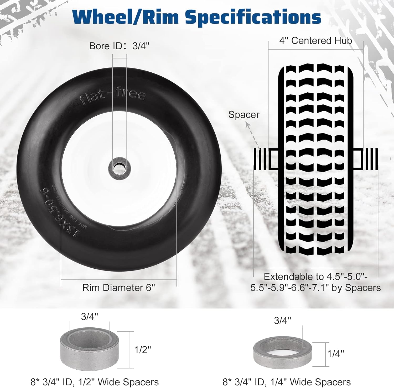 13x6.50-6 Flat-Free Heavy Duty Mower Tires with Steel Rims (Set of 2)