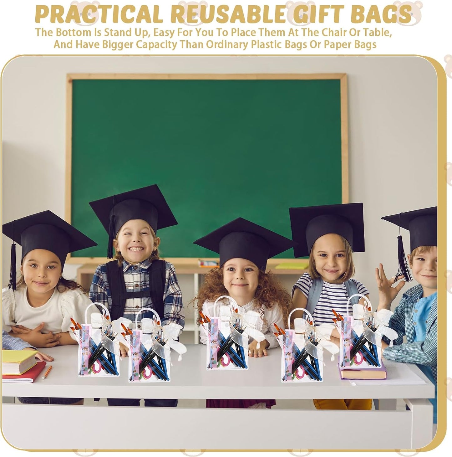 LEIFIDE 32 Clear PVC Gift Bags with Handles and Champagne Ribbons