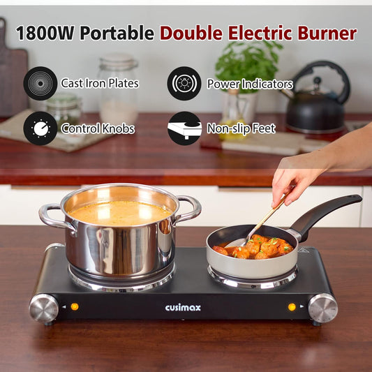 CUSIMAX 1800W Double Electric Countertop Burner, Portable Stainless Steel Hot Plate Cooktop
