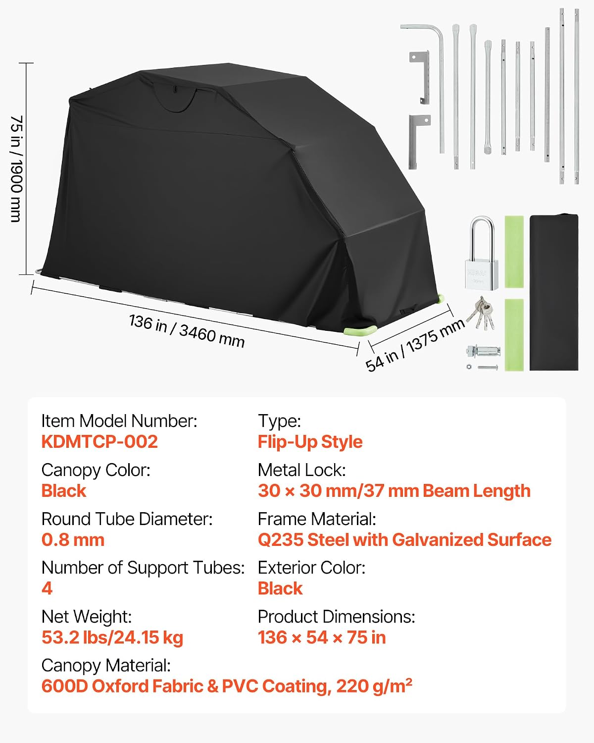 Motorcycle Storage Shelter 136 x 54 x 75 in with Security Lock