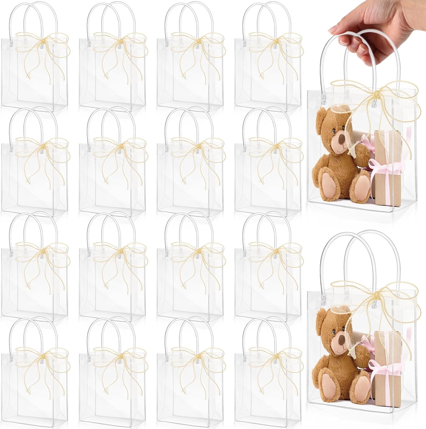 LEIFIDE 32 Clear PVC Gift Bags with Handles and Champagne Ribbons