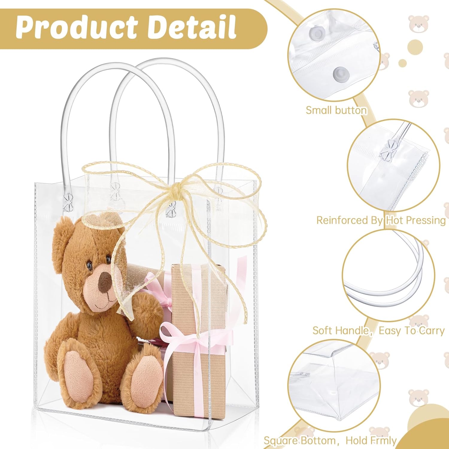 LEIFIDE 32 Clear PVC Gift Bags with Handles and Champagne Ribbons