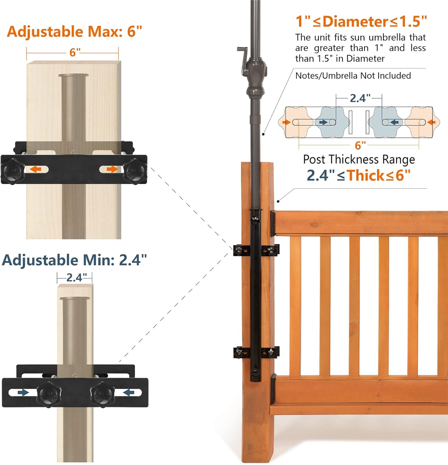 Heavy Duty 304 Stainless Steel Deck Umbrella Holder for Railings 3-6 Inch