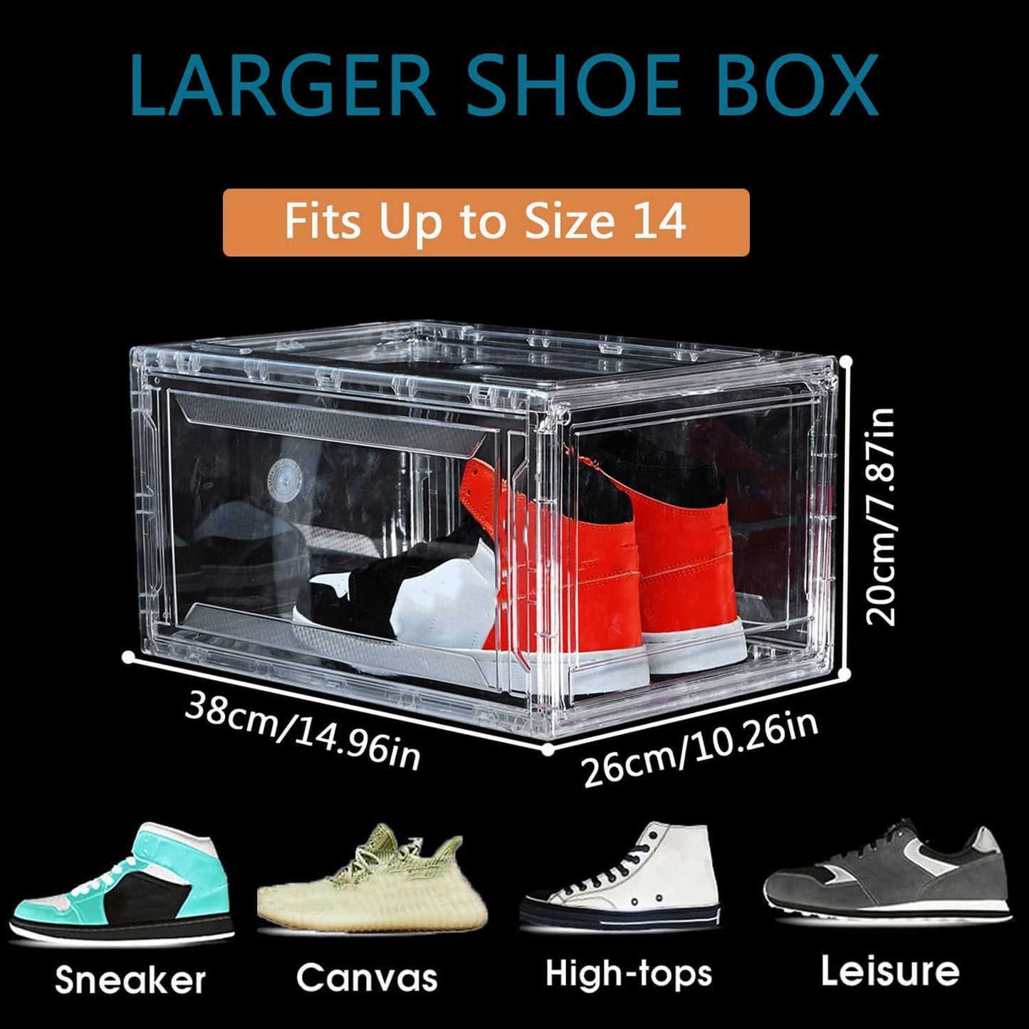12 Pack Clear Acrylic Stackable Shoe Boxes, Drop Front, Fits Size 15