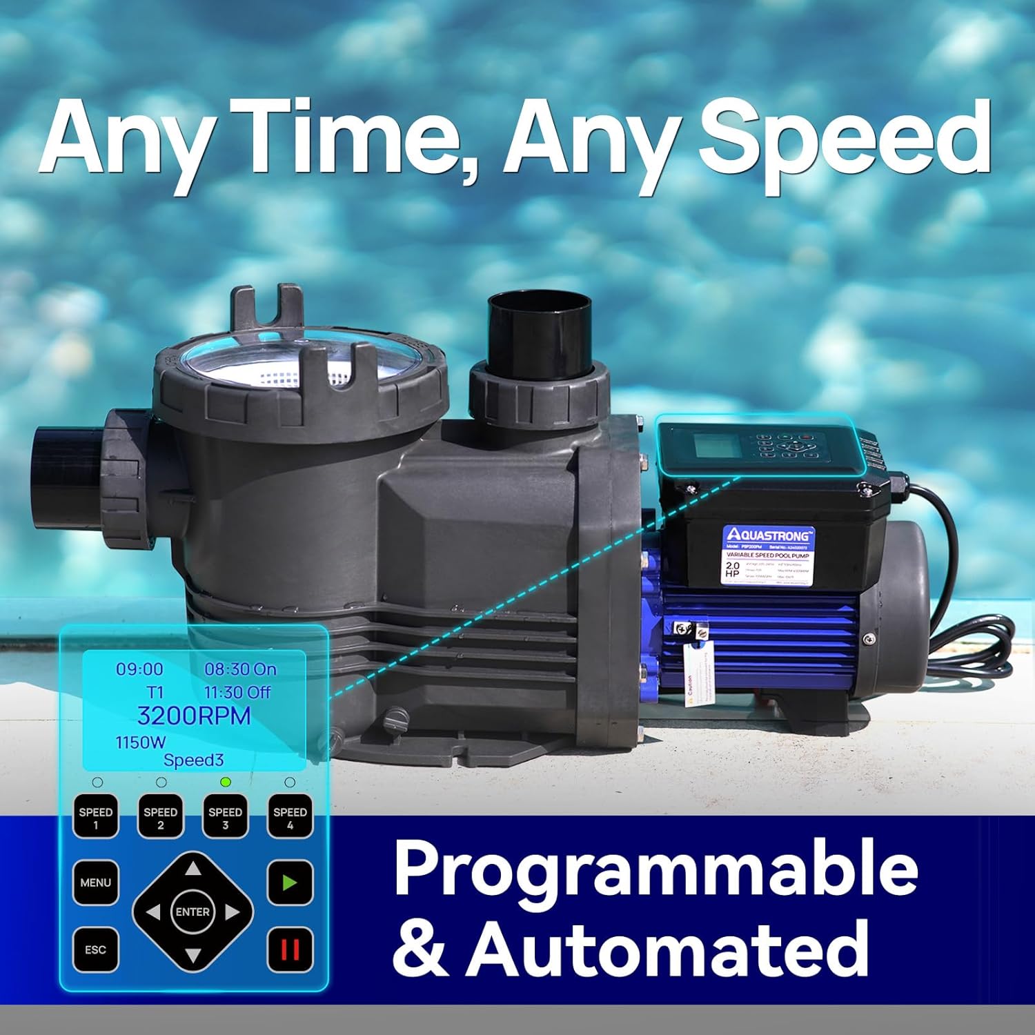 AQUASTRONG Variable Speed Pool Pump: 2HP, 220V, 10566GPH, Energy-Efficient, High Flow